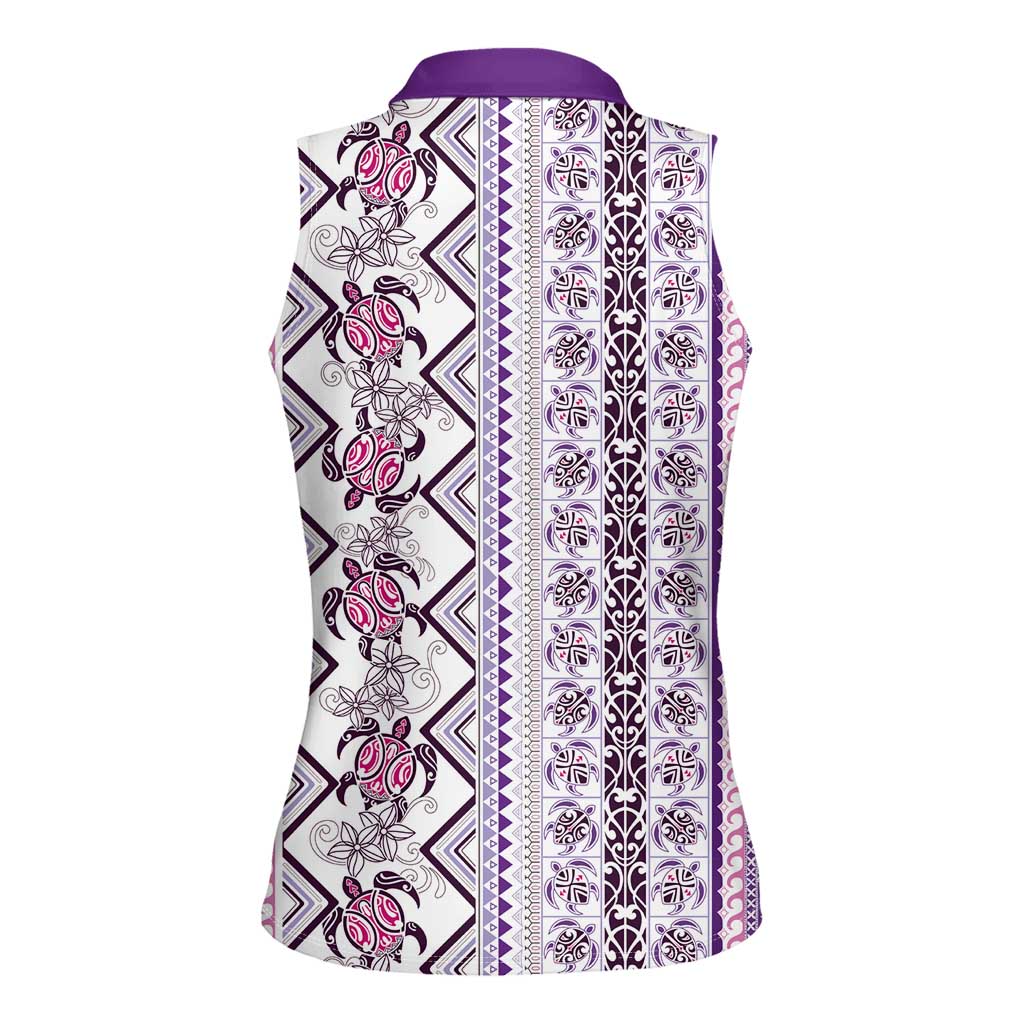 Hawaii Makahiki Turtle Women Sleeveless Polo Shirt Violet Tapa Pattern - Polynesian Pride