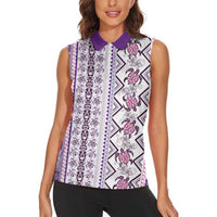 Hawaii Makahiki Turtle Women Sleeveless Polo Shirt Violet Tapa Pattern - Polynesian Pride