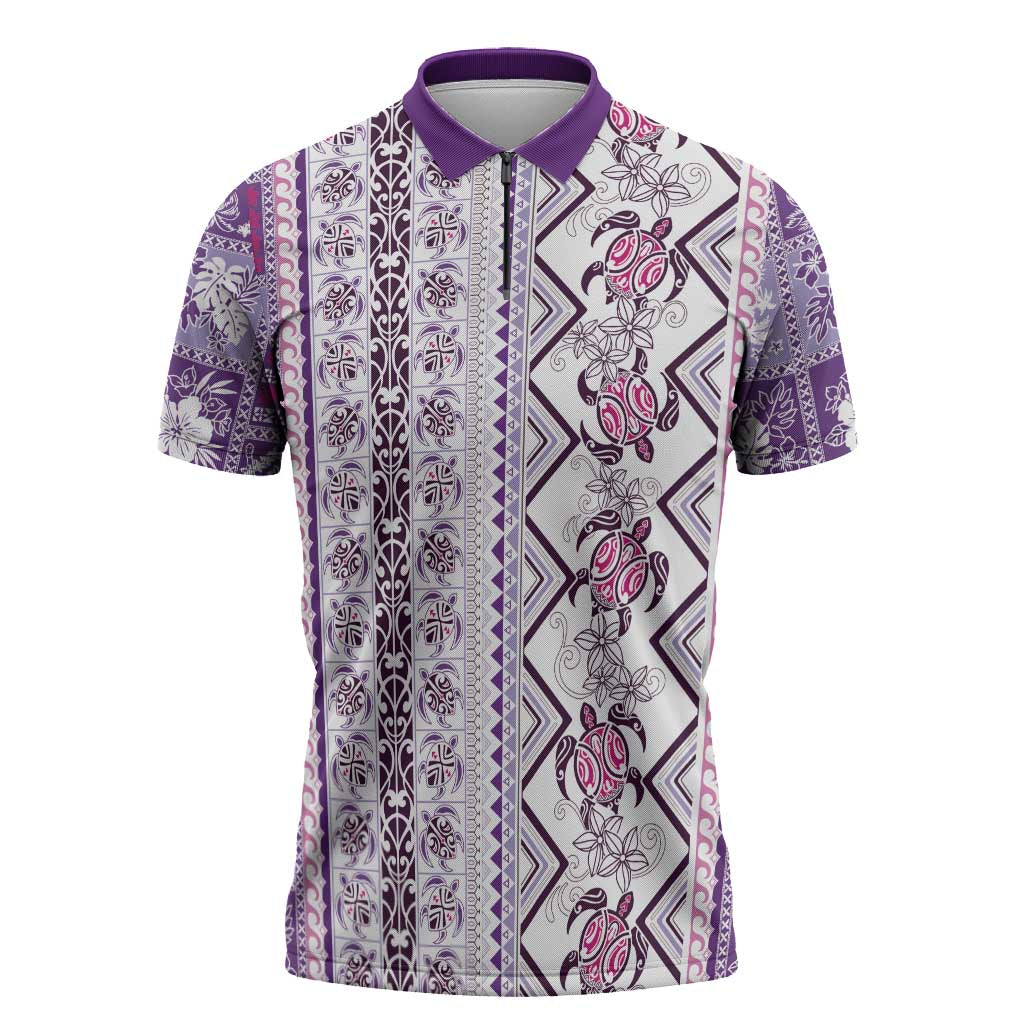 Hawaii Makahiki Turtle Zipper Polo Shirt Violet Tapa Pattern LT05 Violet - Polynesian Pride