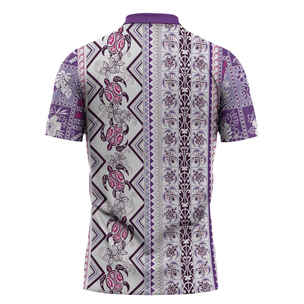 Hawaii Makahiki Turtle Zipper Polo Shirt Violet Tapa Pattern LT05 - Polynesian Pride