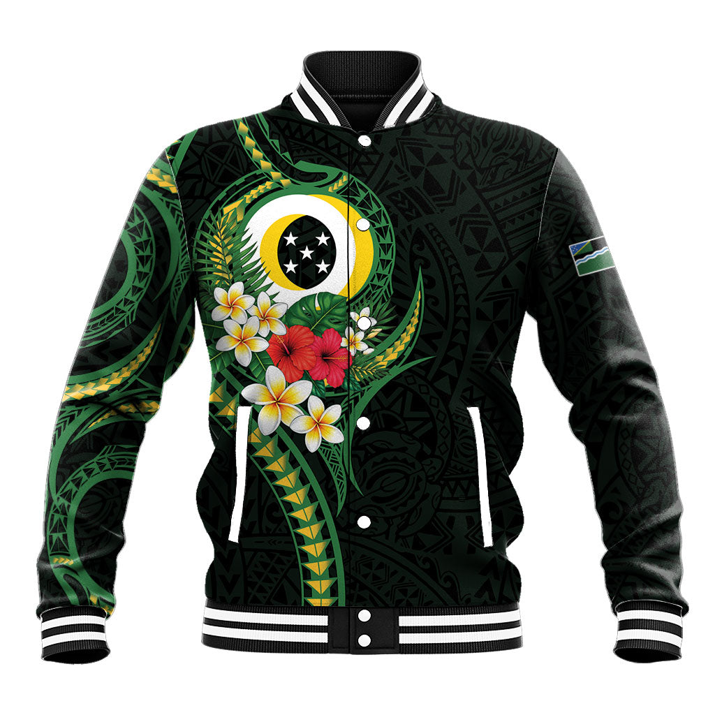 Solomon Islands Western Province Baseball Jacket Polynesian Pattern With Tropical Flowers LT05 Unisex Green - Polynesian Pride