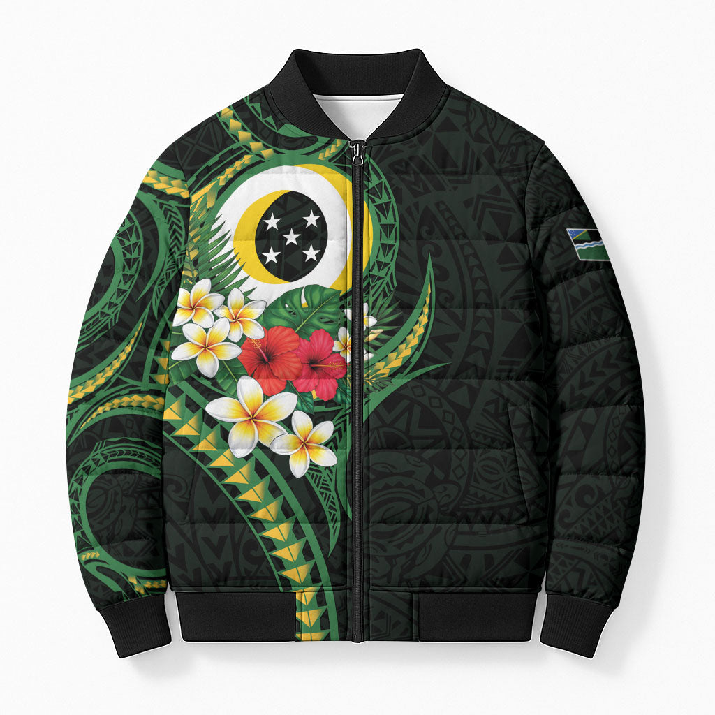 Solomon Islands Western Province Bomber Puffer Jacket Polynesian Pattern With Tropical Flowers LT05 Unisex Green - Polynesian Pride