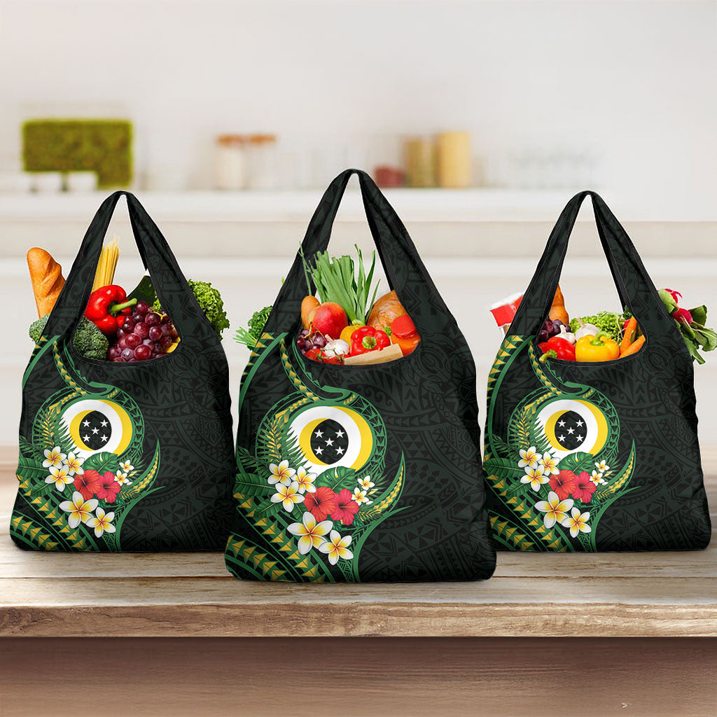 Solomon Islands Western Province Grocery Bag Polynesian Pattern With Tropical Flowers LT05 3-pack One Size Green - Polynesian Pride