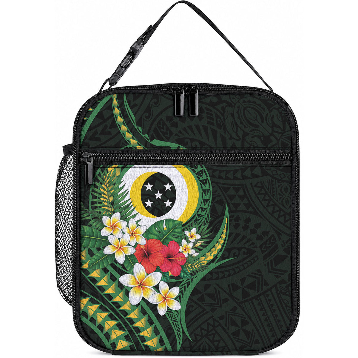 Solomon Islands Western Province Lunch Bag Polynesian Pattern With Tropical Flowers LT05 10.2 × 8.3 × 4.3 inch Green - Polynesian Pride
