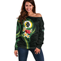 Solomon Islands Western Province Off Shoulder Sweater Polynesian Pattern With Tropical Flowers LT05 Women Green - Polynesian Pride