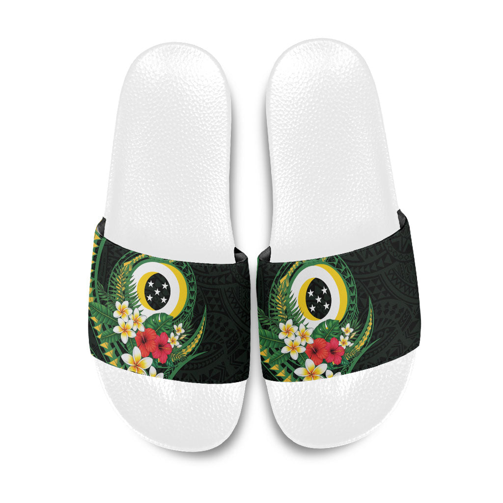 Solomon Islands Western Province Slide Sandals Polynesian Pattern With Tropical Flowers LT05 Green - Polynesian Pride