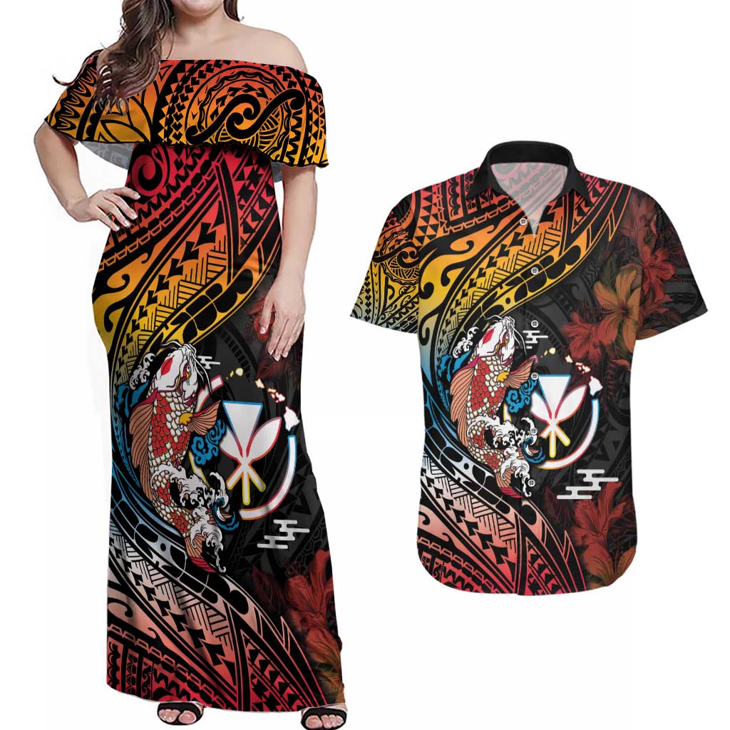 Hawaii And Japan Couples Matching Off Shoulder Maxi Dress and Hawaiian Shirt Koi Fish With Kanaka Maoli