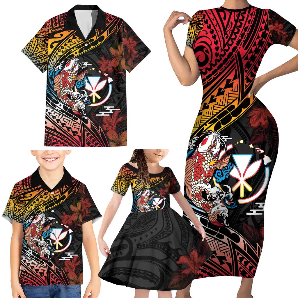 Hawaii And Japan Family Matching Short Sleeve Bodycon Dress and Hawaiian Shirt Koi Fish With Kanaka Maoli