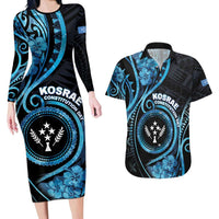 Personalised Kosrae Constitution Day Couples Matching Long Sleeve Bodycon Dress and Hawaiian Shirt Ocean Floral Pattern