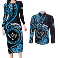Personalised Kosrae Constitution Day Couples Matching Long Sleeve Bodycon Dress and Long Sleeve Button Shirt Ocean Floral Pattern