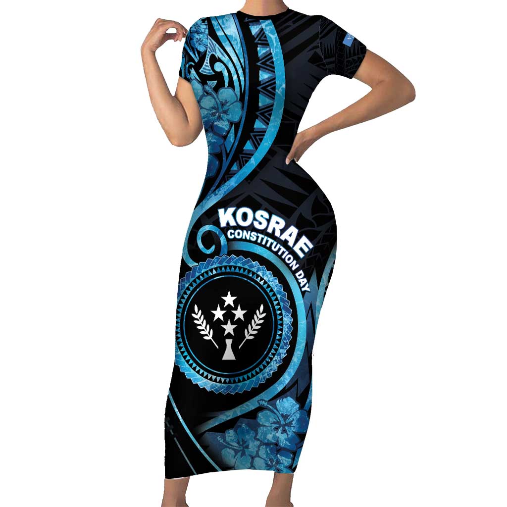 Personalised Kosrae Constitution Day Short Sleeve Bodycon Dress Ocean Floral Pattern