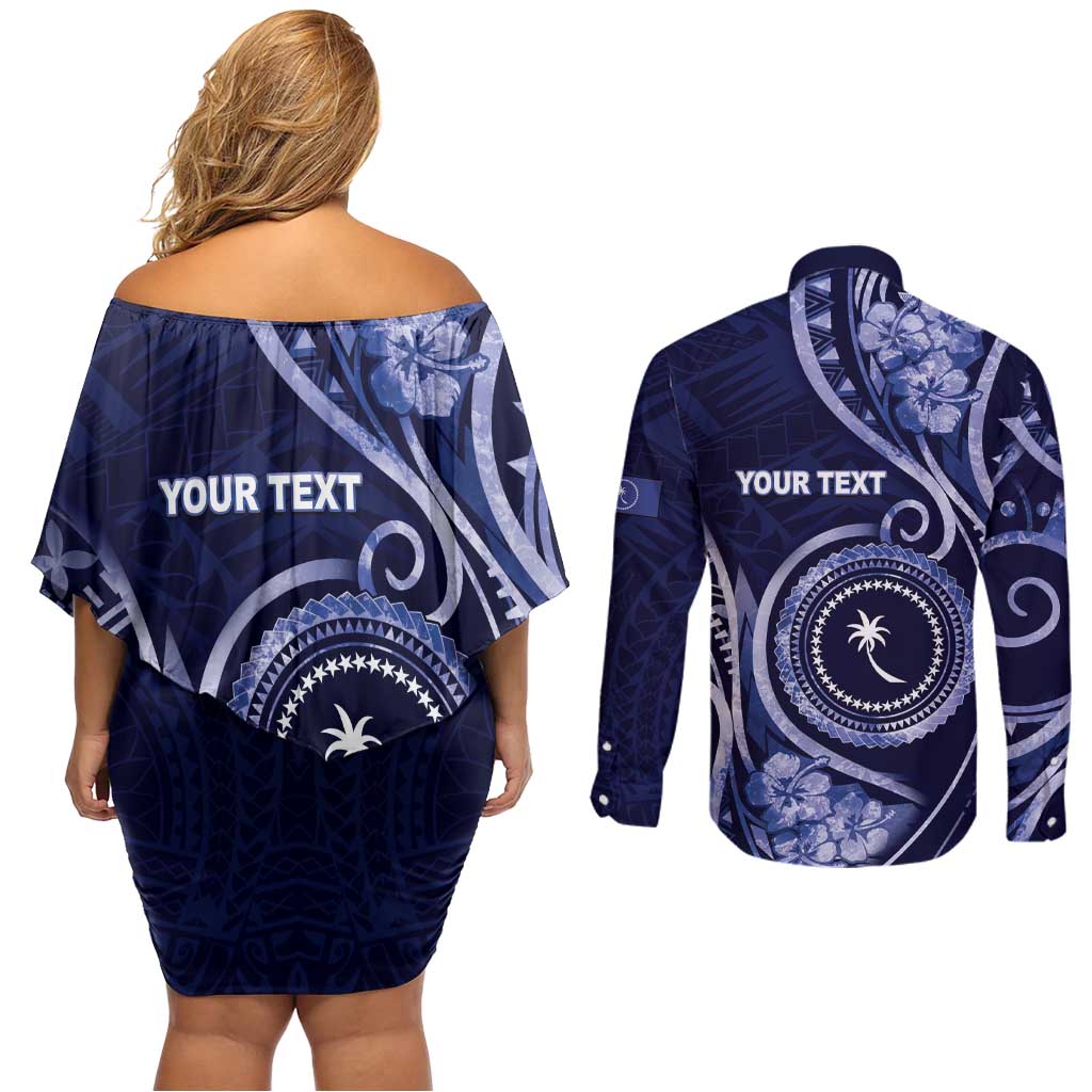 Personalised FSM Chuuk Couples Matching Off Shoulder Short Dress and Long Sleeve Button Shirt Ocean Floral Pattern