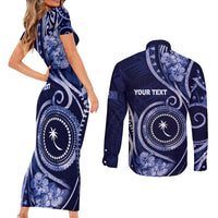 Personalised FSM Chuuk Couples Matching Short Sleeve Bodycon Dress and Long Sleeve Button Shirt Ocean Floral Pattern