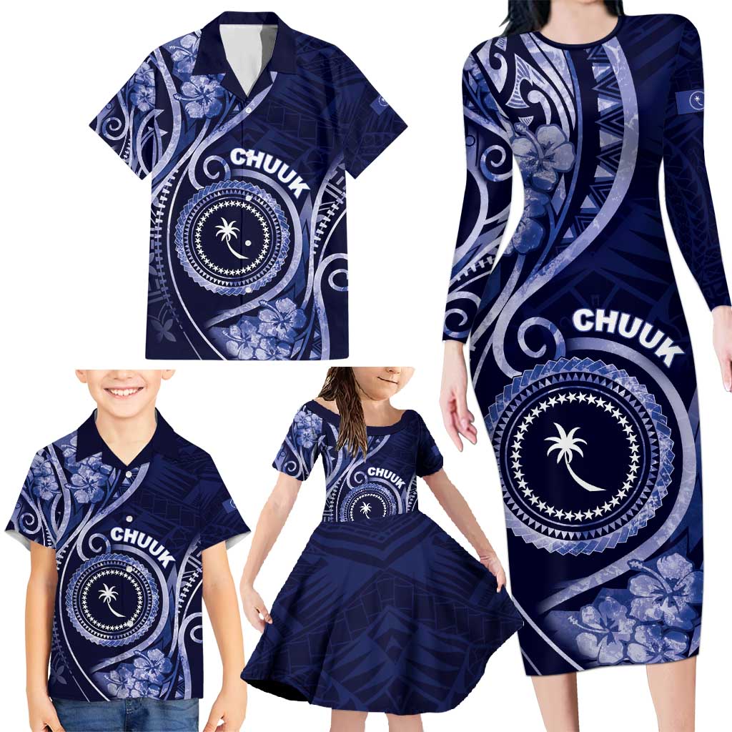 Personalised FSM Chuuk Family Matching Long Sleeve Bodycon Dress and Hawaiian Shirt Ocean Floral Pattern