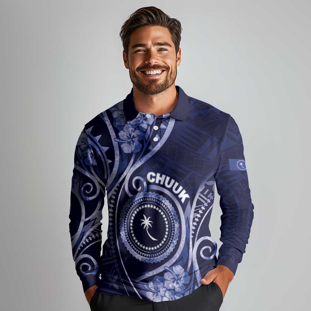 Personalised FSM Chuuk Long Sleeve Polo Shirt Ocean Floral Pattern