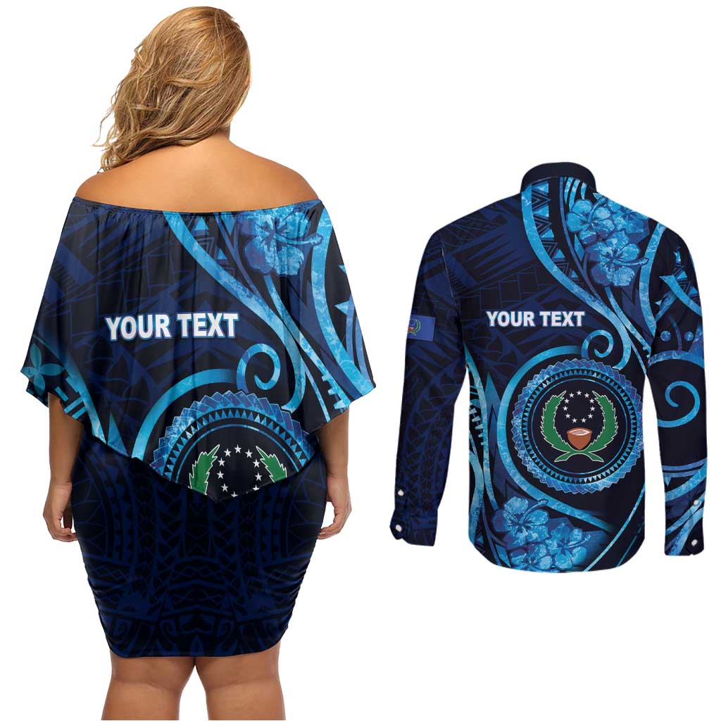 Personalised FSM Pohnpei Couples Matching Off Shoulder Short Dress and Long Sleeve Button Shirt Ocean Floral Pattern