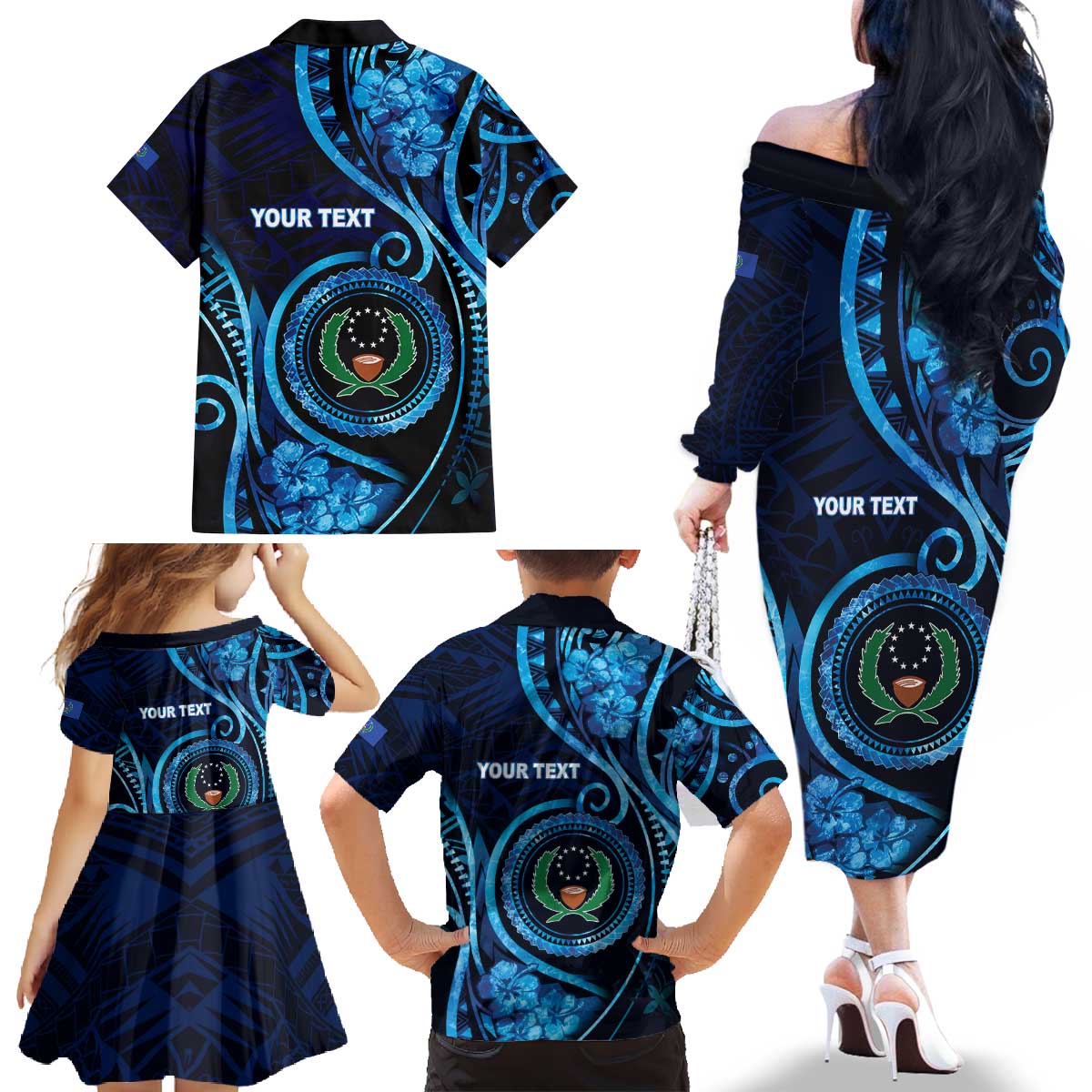 Personalised FSM Pohnpei Family Matching Off The Shoulder Long Sleeve Dress and Hawaiian Shirt Ocean Floral Pattern