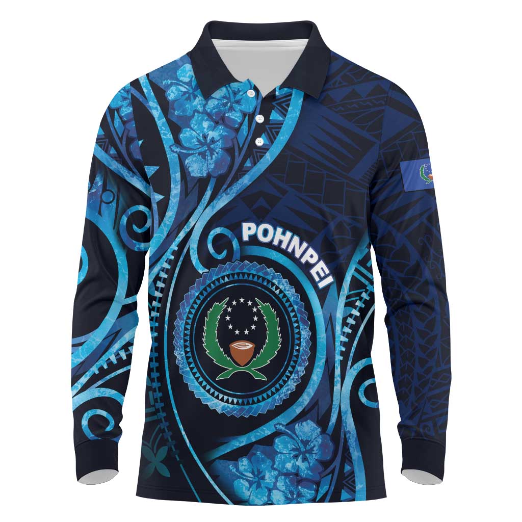 Personalised FSM Pohnpei Long Sleeve Polo Shirt Ocean Floral Pattern