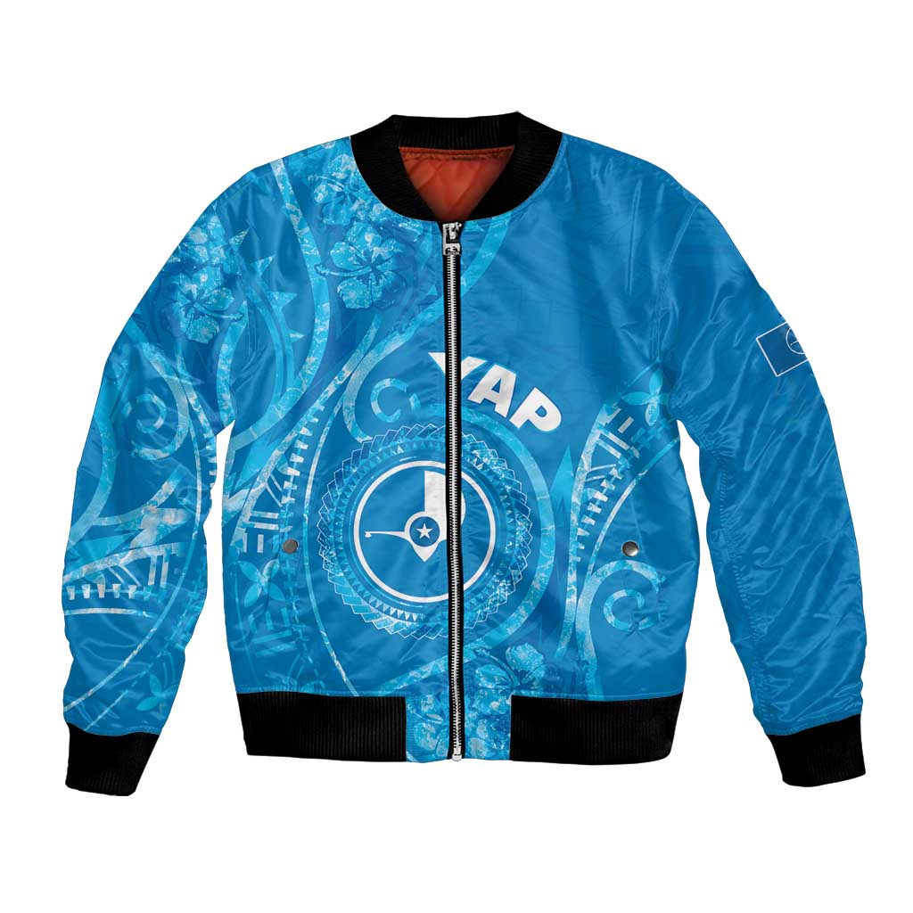 Personalised FSM Yap Bomber Jacket Ocean Floral Pattern LT05 Unisex Blue - Polynesian Pride
