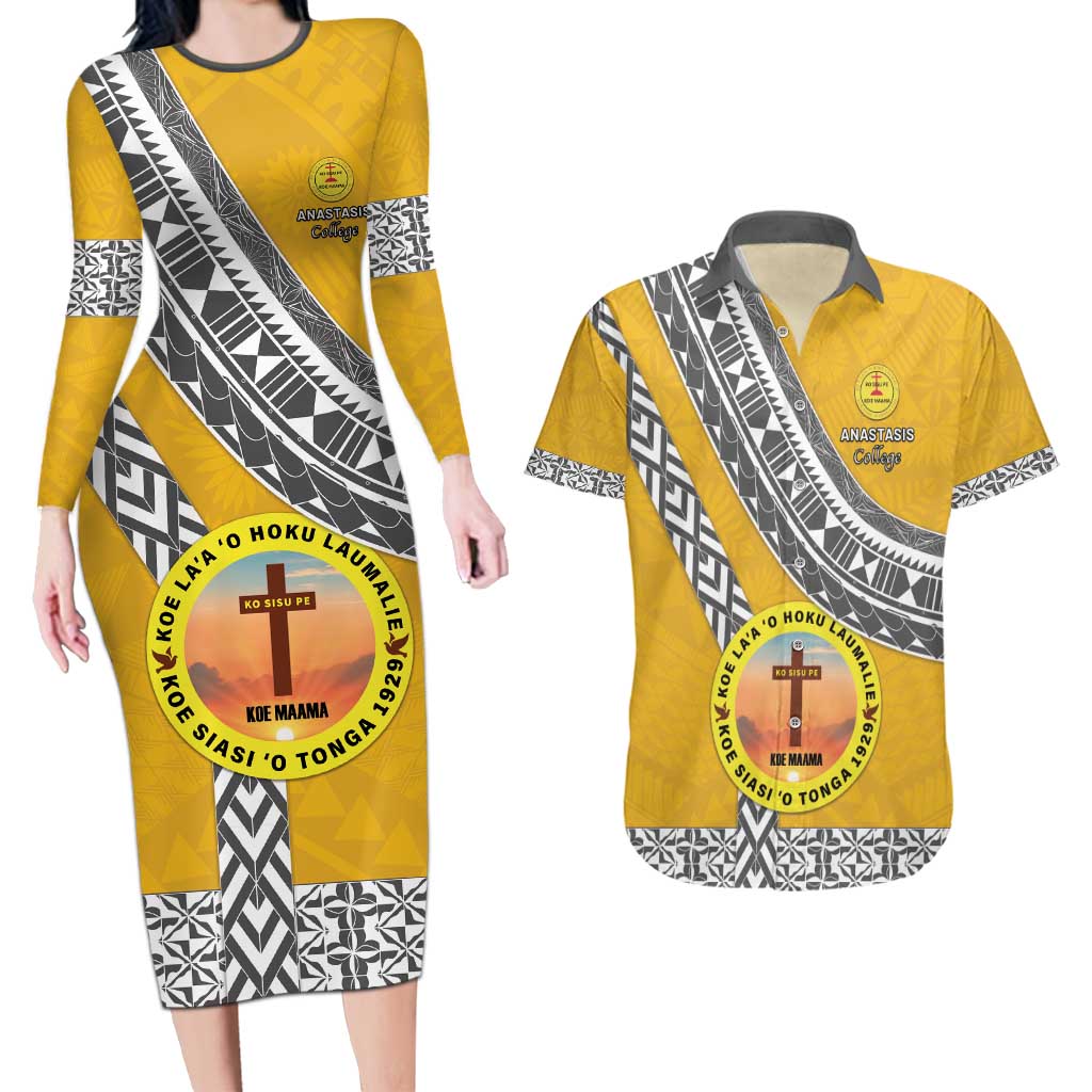 Personalised Anastasis College Couples Matching Long Sleeve Bodycon Dress and Hawaiian Shirt Tonga Unique Style - Polynesian Pride