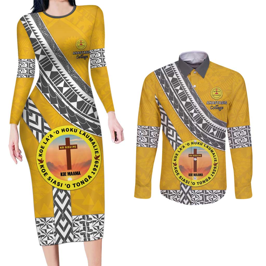 Personalised Anastasis College Couples Matching Long Sleeve Bodycon Dress and Long Sleeve Button Shirt Tonga Unique Style LT05 Yellow - Polynesian Pride