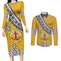 Personalised Anastasis College Couples Matching Long Sleeve Bodycon Dress and Long Sleeve Button Shirt Tonga Unique Style LT05 Yellow - Polynesian Pride