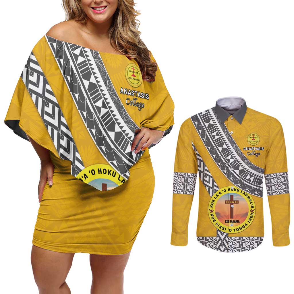 Personalised Anastasis College Couples Matching Off Shoulder Short Dress and Long Sleeve Button Shirt Tonga Unique Style - Polynesian Pride
