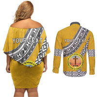 Personalised Anastasis College Couples Matching Off Shoulder Short Dress and Long Sleeve Button Shirt Tonga Unique Style - Polynesian Pride
