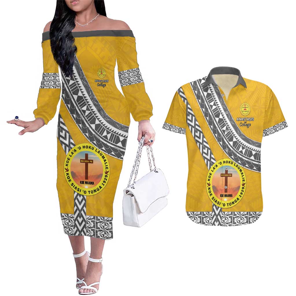 Personalised Anastasis College Couples Matching Off The Shoulder Long Sleeve Dress and Hawaiian Shirt Tonga Unique Style - Polynesian Pride