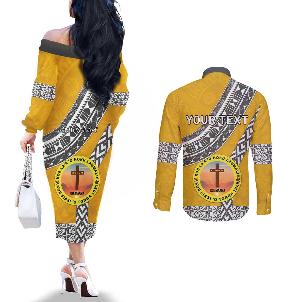 Personalised Anastasis College Couples Matching Off The Shoulder Long Sleeve Dress and Long Sleeve Button Shirt Tonga Unique Style LT05 - Polynesian Pride