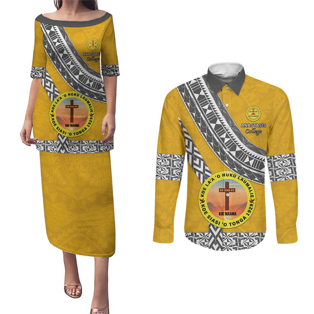 Personalised Anastasis College Couples Matching Puletasi and Long Sleeve Button Shirt Tonga Unique Style LT05 Yellow - Polynesian Pride