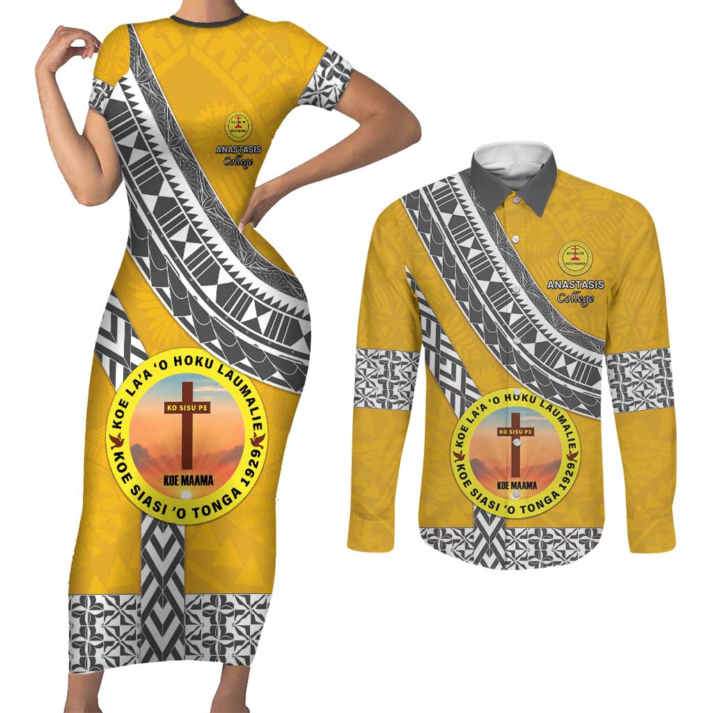 Personalised Anastasis College Couples Matching Short Sleeve Bodycon Dress and Long Sleeve Button Shirt Tonga Unique Style LT05 Yellow - Polynesian Pride