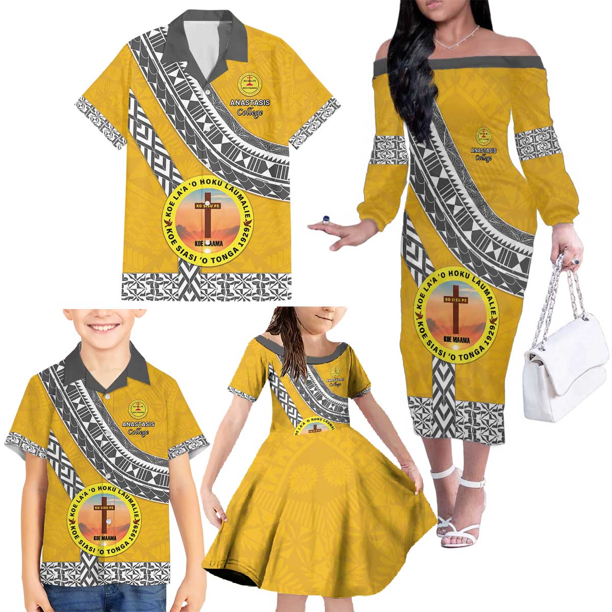 Personalised Anastasis College Family Matching Off The Shoulder Long Sleeve Dress and Hawaiian Shirt Tonga Unique Style - Polynesian Pride