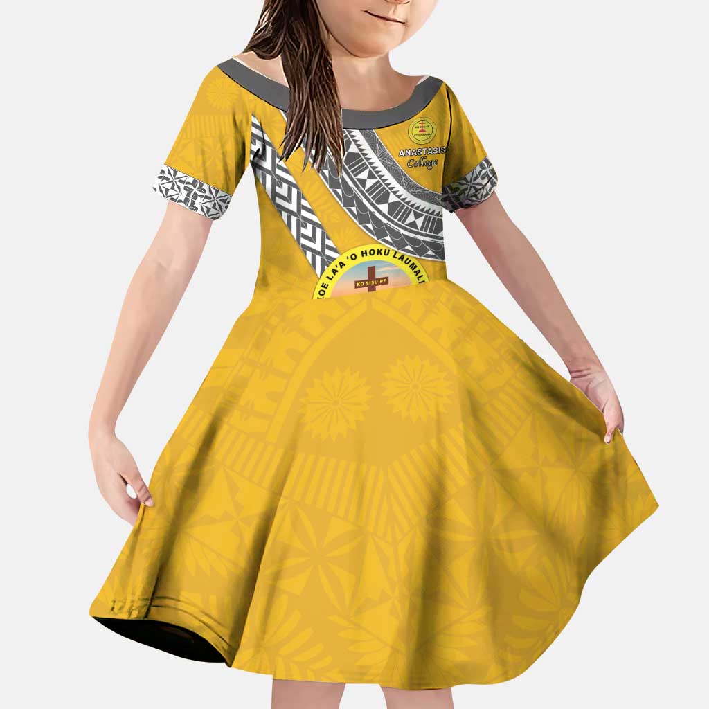 Personalised Anastasis College Family Matching Puletasi and Hawaiian Shirt Tonga Unique Style LT05 Daughter's Dress Yellow - Polynesian Pride