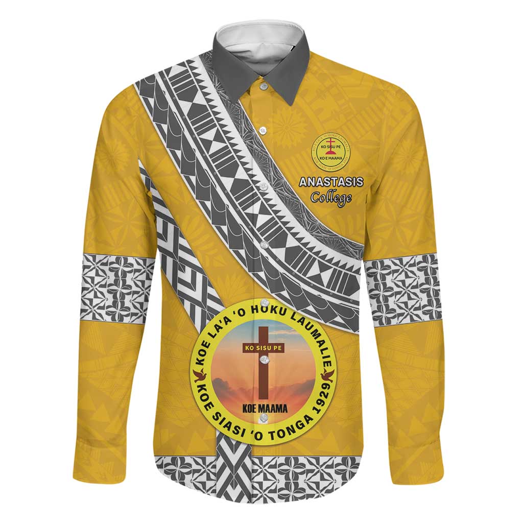 Personalised Anastasis College Family Matching Puletasi and Hawaiian Shirt Tonga Unique Style LT05 Dad's Shirt - Long Sleeve Yellow - Polynesian Pride