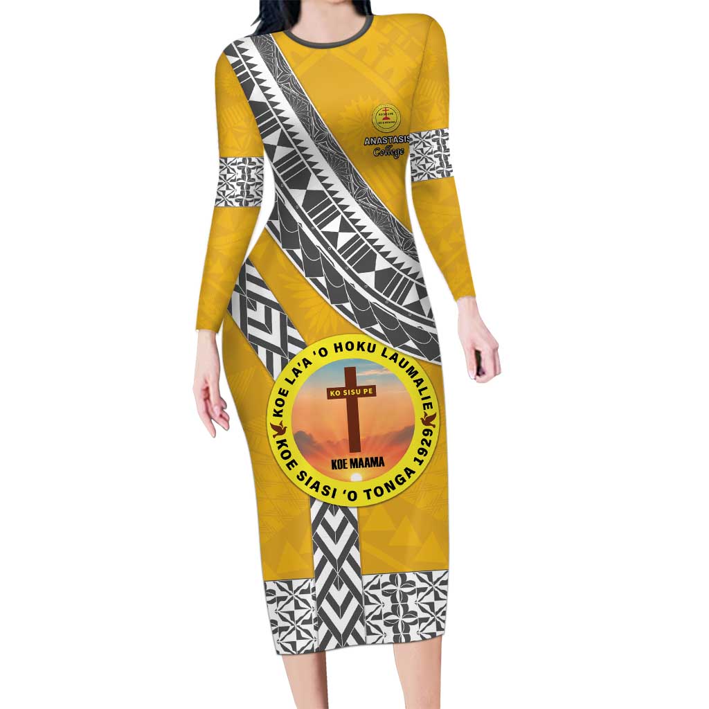 Personalised Anastasis College Long Sleeve Bodycon Dress Tonga Unique Style - Polynesian Pride
