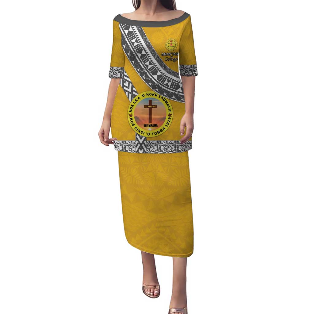 Personalised Anastasis College Puletasi Tonga Unique Style LT05 Long Dress Yellow - Polynesian Pride