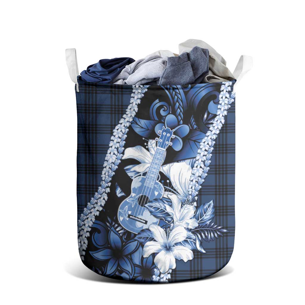 Hawaii Ukulele Laundry Basket Tropical Flowers With Palaka Effect Blue Version - Polynesian Pride