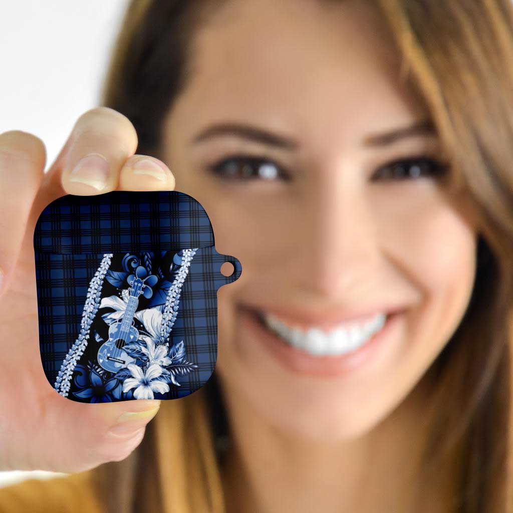 Hawaii Ukulele AirPods Case Tropical Flowers With Palaka Effect Blue Version - Polynesian Pride