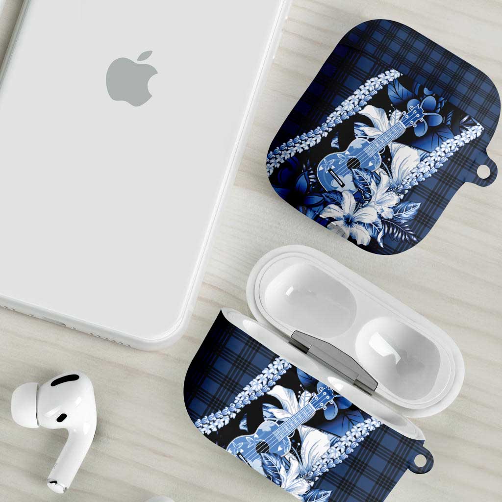 Hawaii Ukulele AirPods Case Tropical Flowers With Palaka Effect Blue Version - Polynesian Pride