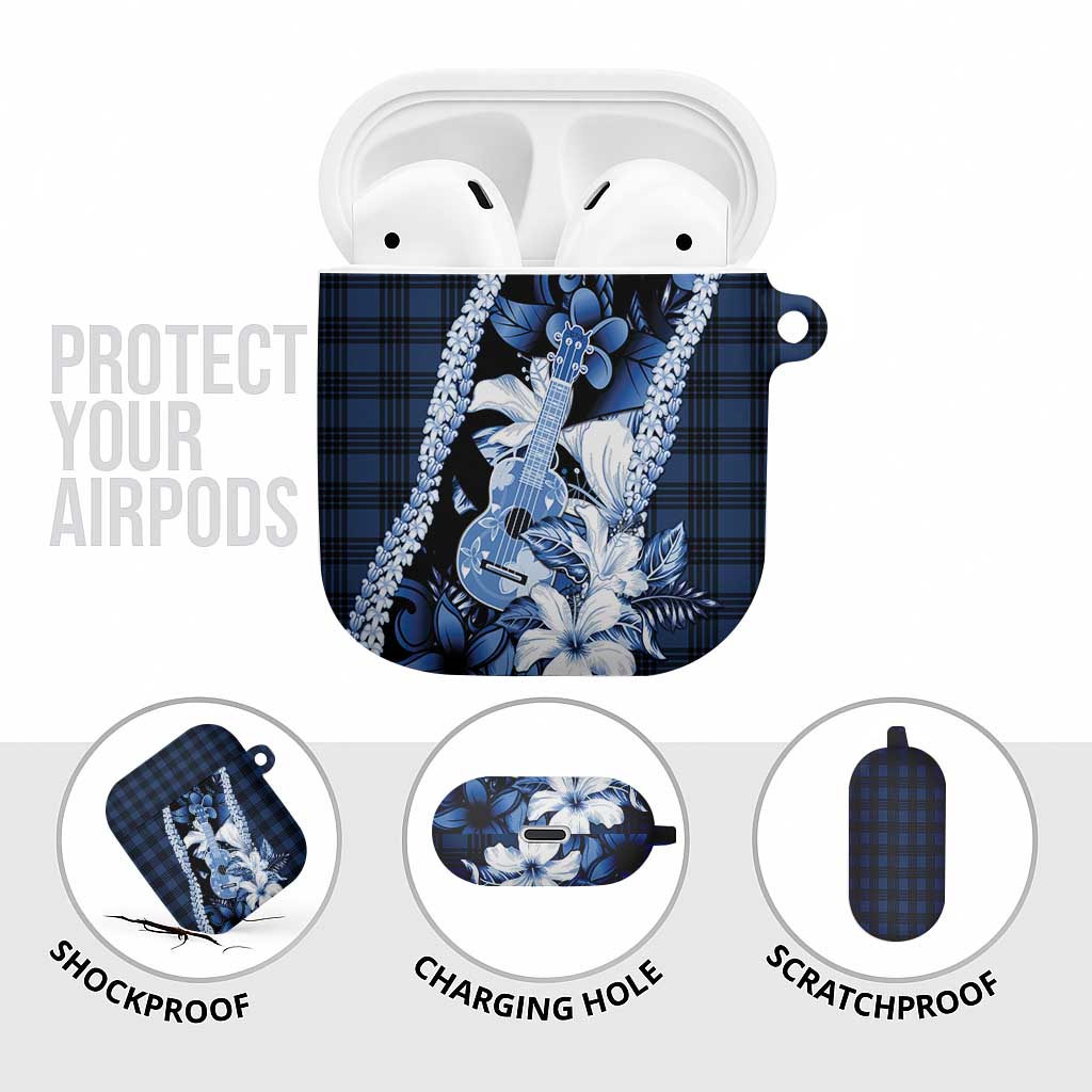 Hawaii Ukulele AirPods Case Tropical Flowers With Palaka Effect Blue Version - Polynesian Pride