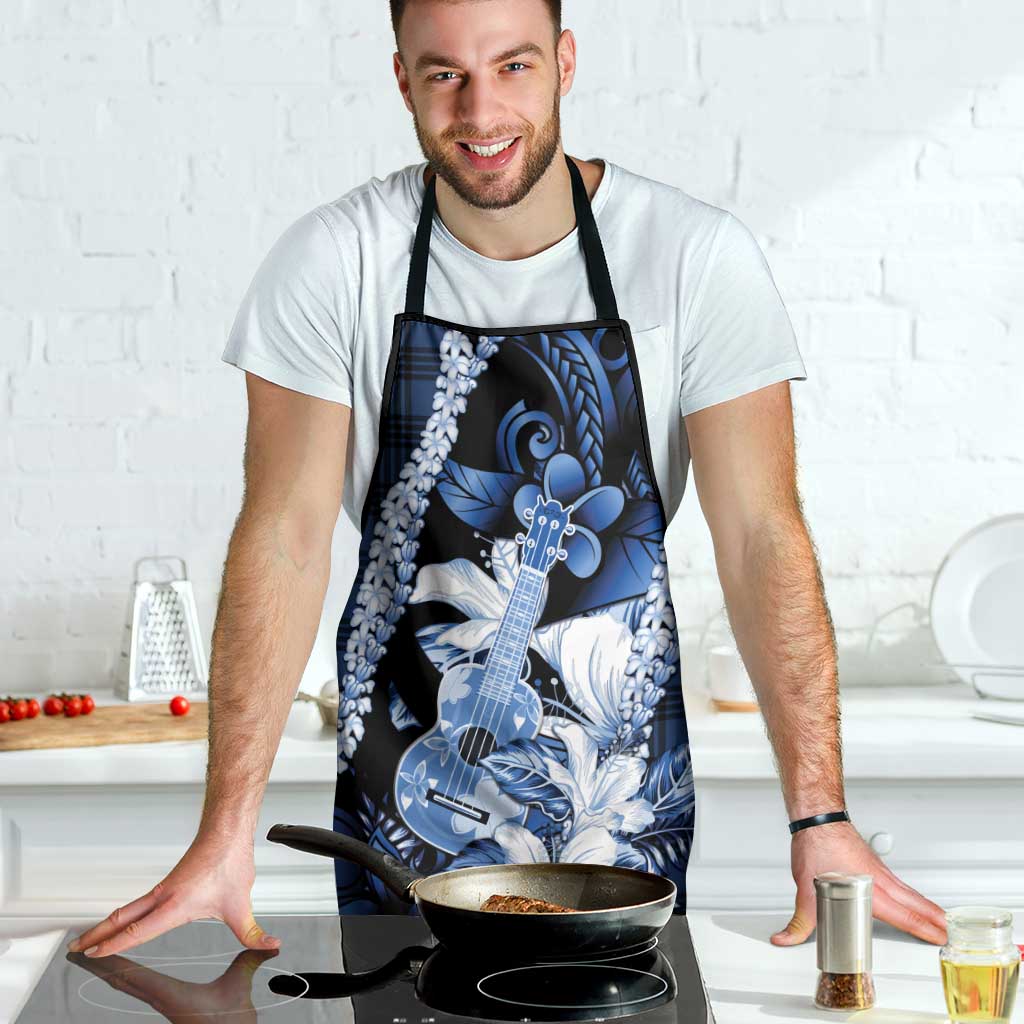 Hawaii Ukulele Apron Tropical Flowers With Palaka Effect Blue Version - Polynesian Pride