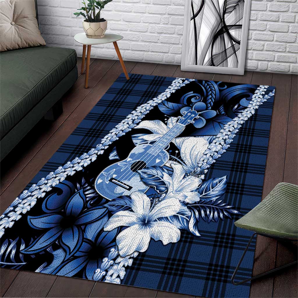 Hawaii Ukulele Area Rug Tropical Flowers With Palaka Effect Blue Version - Polynesian Pride