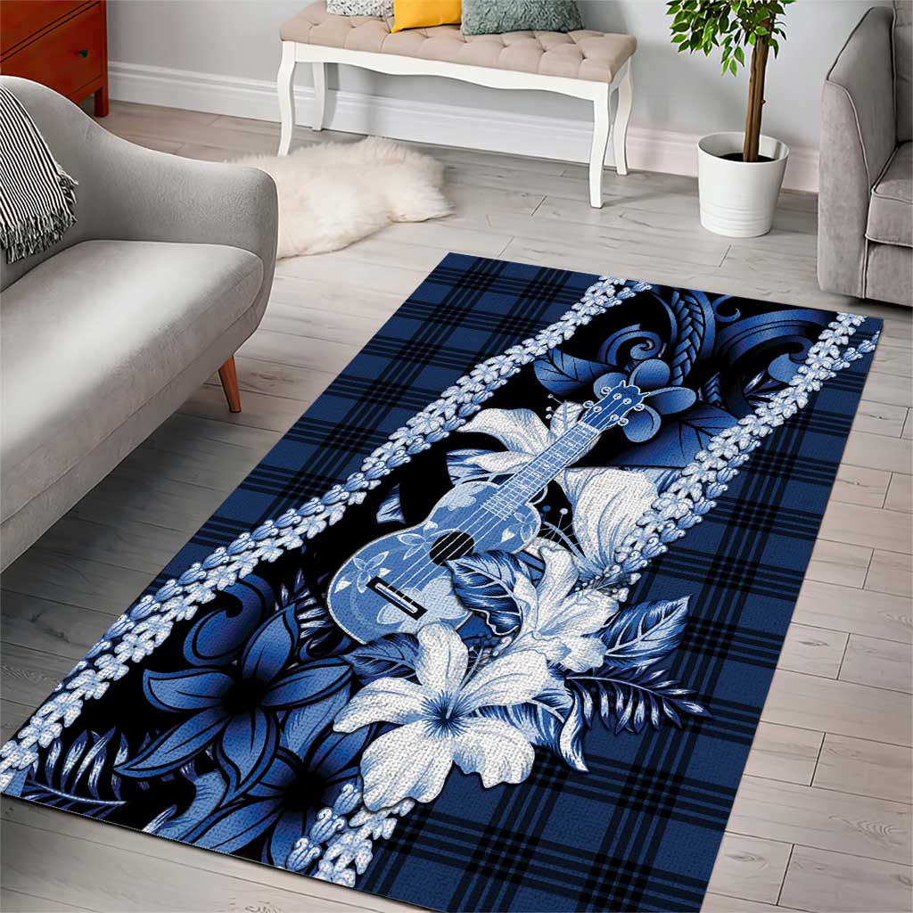 Hawaii Ukulele Area Rug Tropical Flowers With Palaka Effect Blue Version - Polynesian Pride