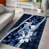 Hawaii Ukulele Area Rug Tropical Flowers With Palaka Effect Blue Version - Polynesian Pride