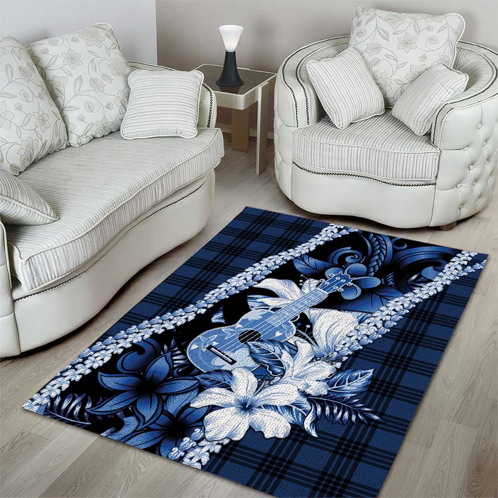 Hawaii Ukulele Area Rug Tropical Flowers With Palaka Effect Blue Version - Polynesian Pride