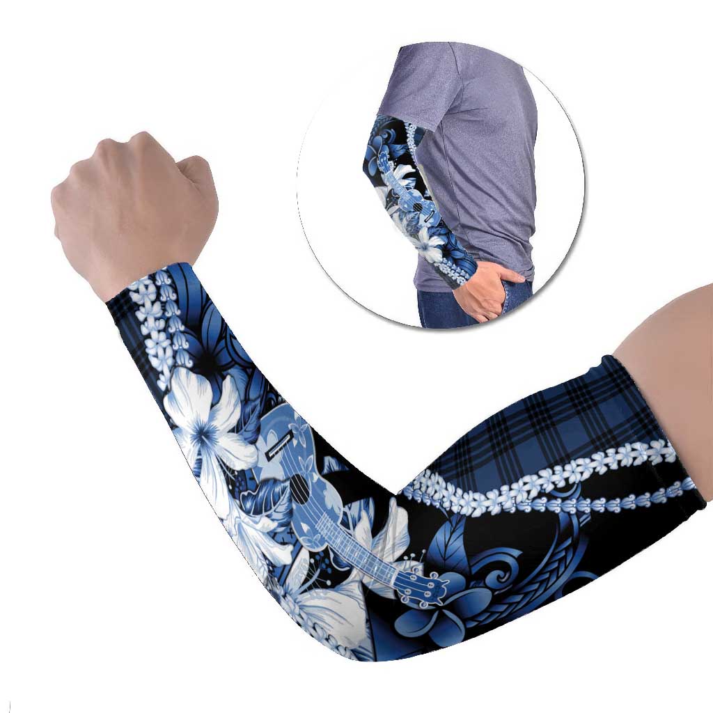Hawaii Ukulele Arm Sleeves Tropical Flowers With Palaka Effect Blue Version - Polynesian Pride