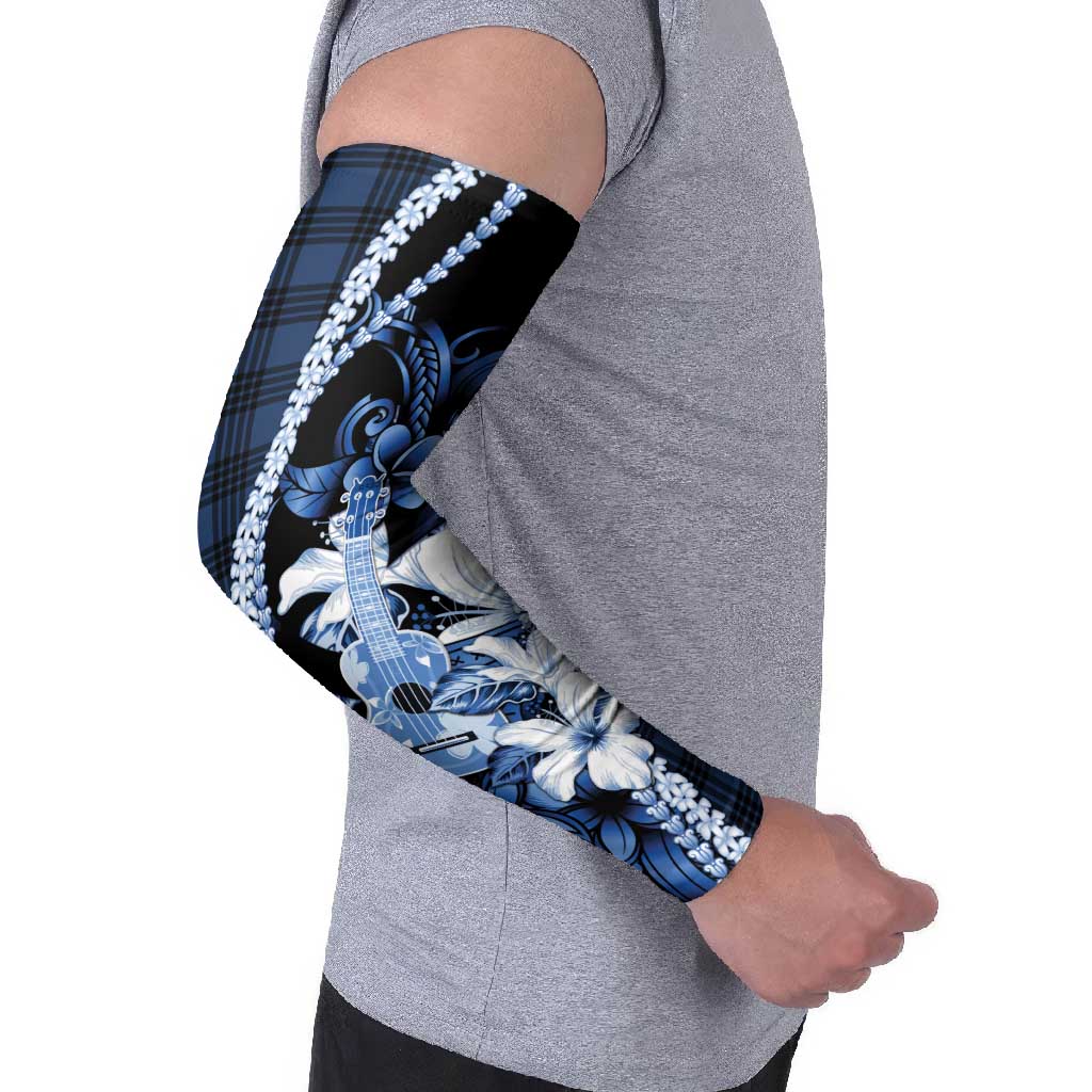 Hawaii Ukulele Arm Sleeves Tropical Flowers With Palaka Effect Blue Version - Polynesian Pride