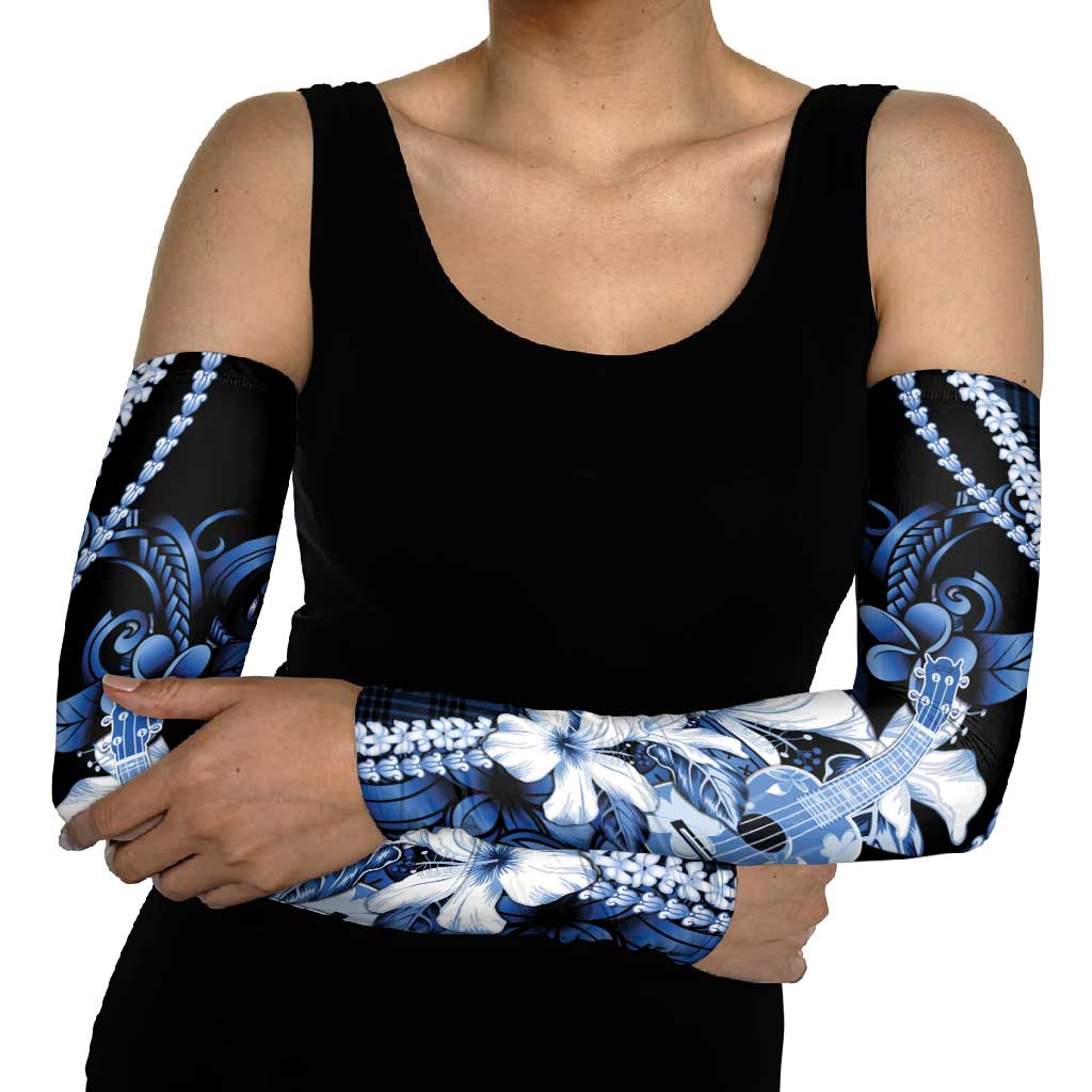 Hawaii Ukulele Arm Sleeves Tropical Flowers With Palaka Effect Blue Version - Polynesian Pride