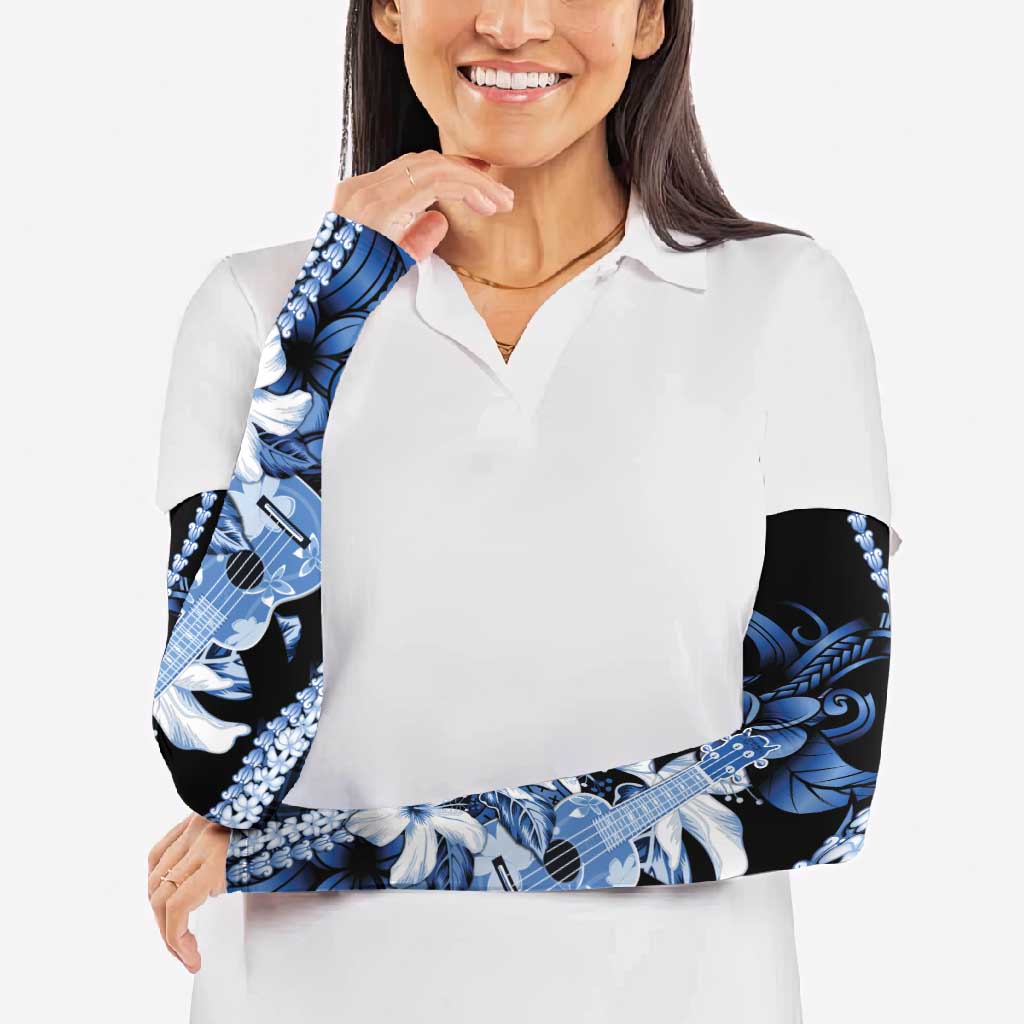 Hawaii Ukulele Arm Sleeves Tropical Flowers With Palaka Effect Blue Version - Polynesian Pride